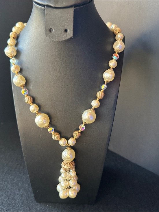 Source Unknown Jewelry - VTG 1950s Faux Pearl & Aurora Borealis Waterfall Necklace